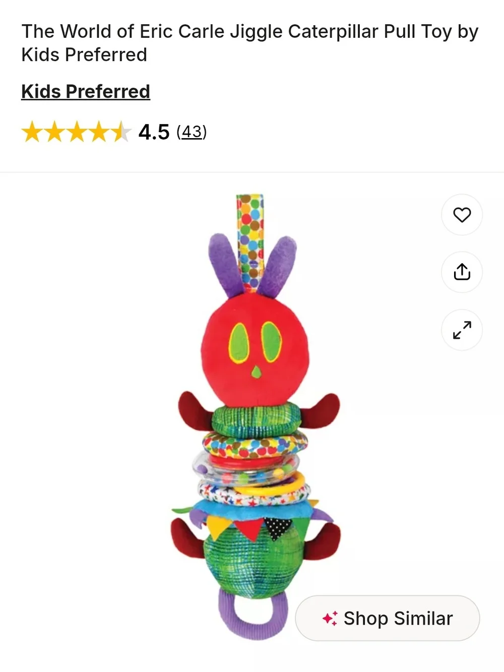 The World of Eric Carle Red & Green Jiggler Caterpillar Pull Toy Rattle Teether